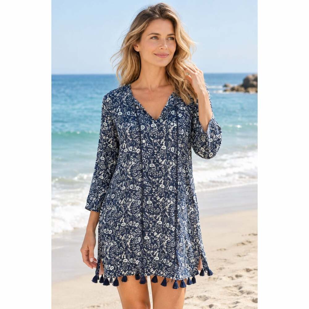 Roller Rabbit Floral Tunic Size M Navy Blue Tassels